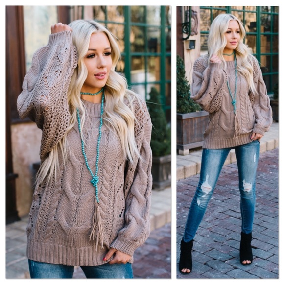 Mocha Cable Knit Puff Sleeves Sweater - Picture 2 of 6